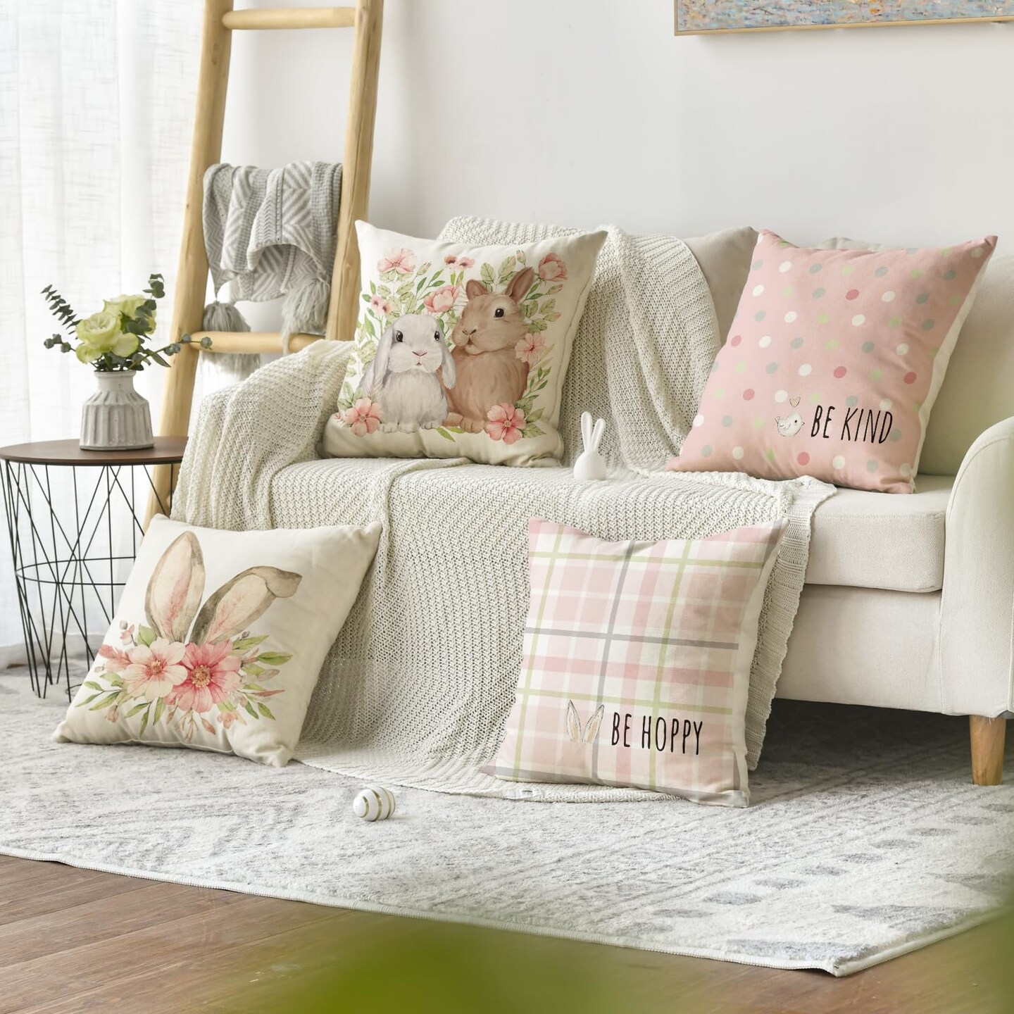 AVOIN colorlife Easter Rabbit Flower Buffalo Plaid Be Hoppy Throw Pillow Cover, 18 x 18 Inch Polka Dot Bird Be Kind Cushion Case Decoration for Sofa Couch Set of 4