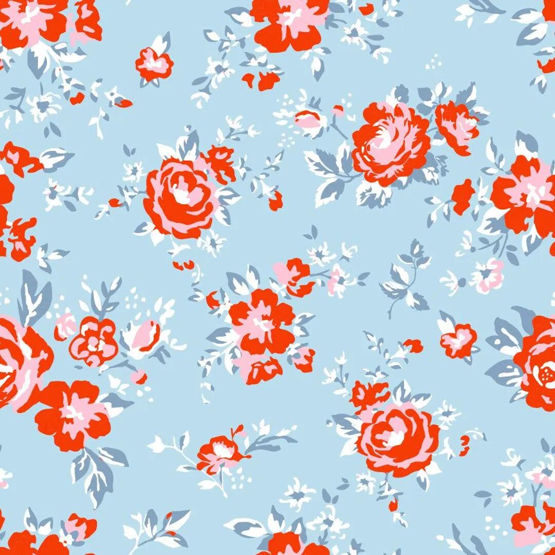 Fabric Poppie Cotton Sky Blue Prize Rose Elise by the Quarter Yard EE25502