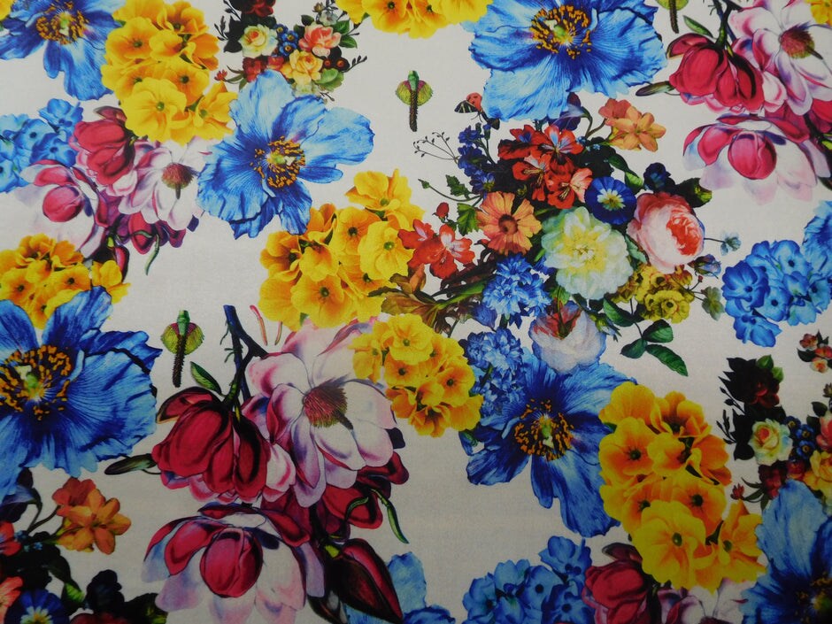 1 Yard Hot Pink Multicolor Floral Print Stretch Velvet Fabric for Fashion Drapes 60 Inch Width