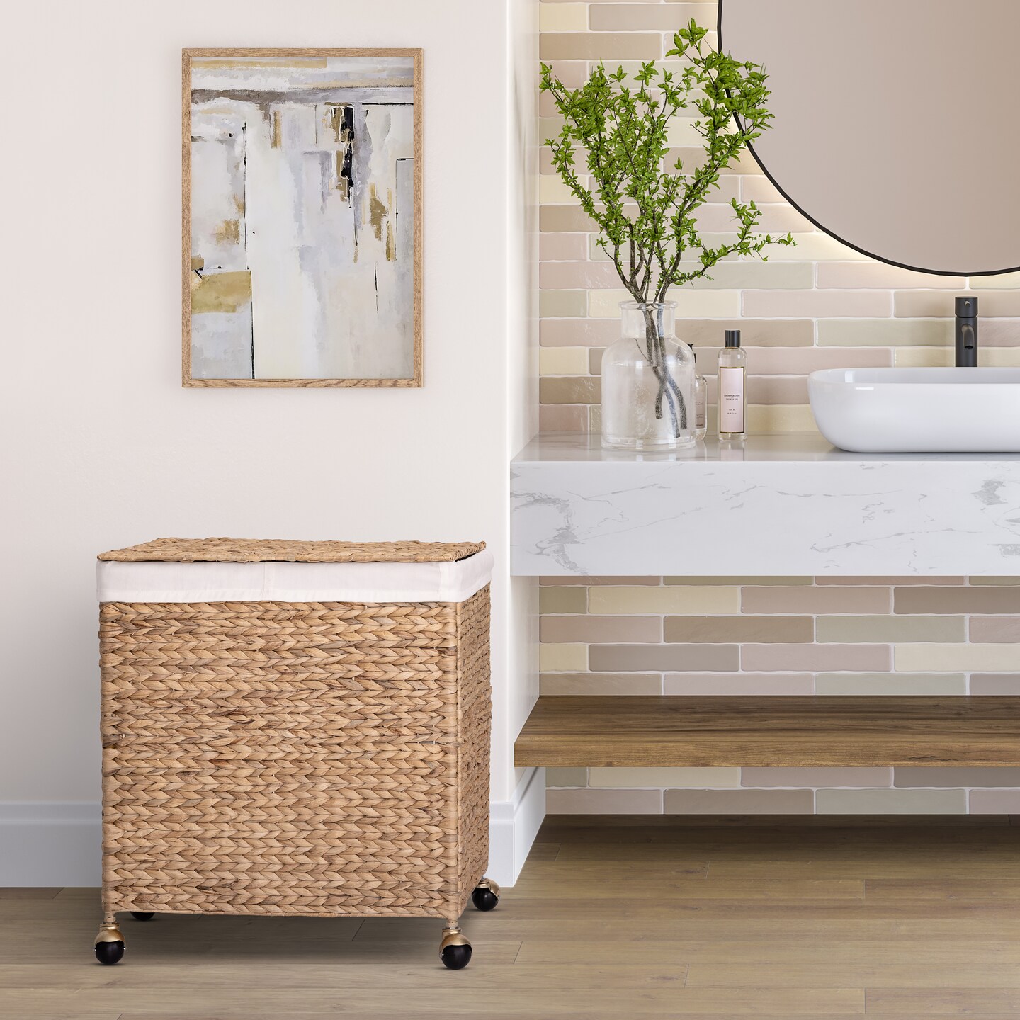 Seville Classics Natural Handwoven Lidded Double Laundry Hamper with Gold Sphere Casters