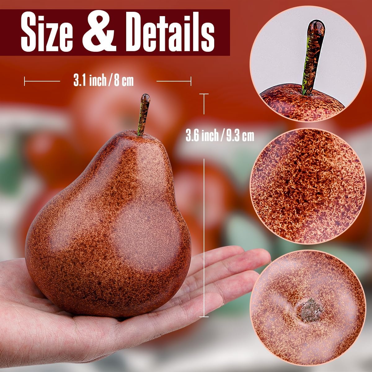 6 Pack Realistic Artificial Brown Pears - Fake Fruit Decor for Home
