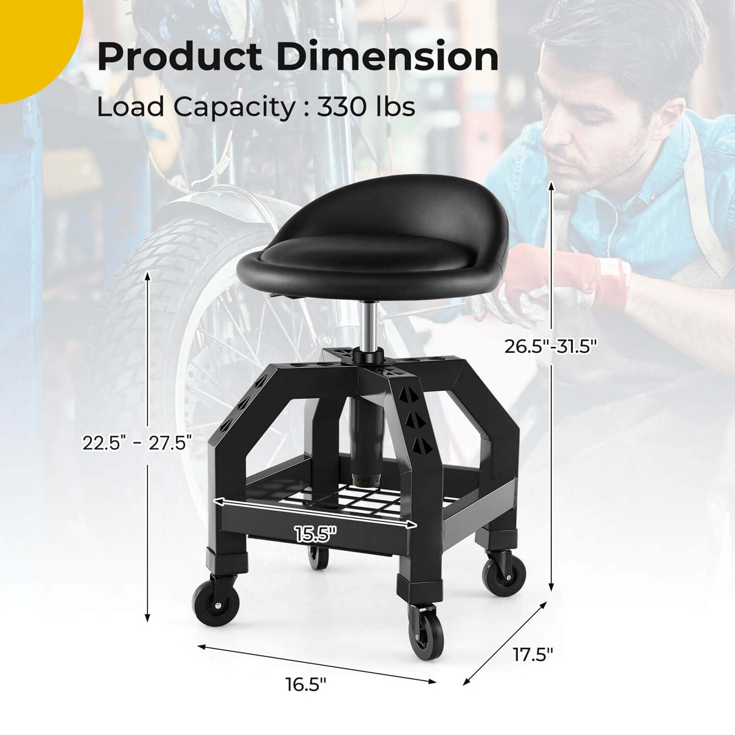 Costway Rolling Seat Mechanic Stool Chair with Tool Tray 4 Universal Wheels for Factory Black/Yellow