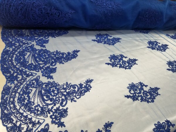 1 Yard Royal Blue French Floral Mesh Lace Fabric for Wedding Dresses and Decor 50/54 Inch Width