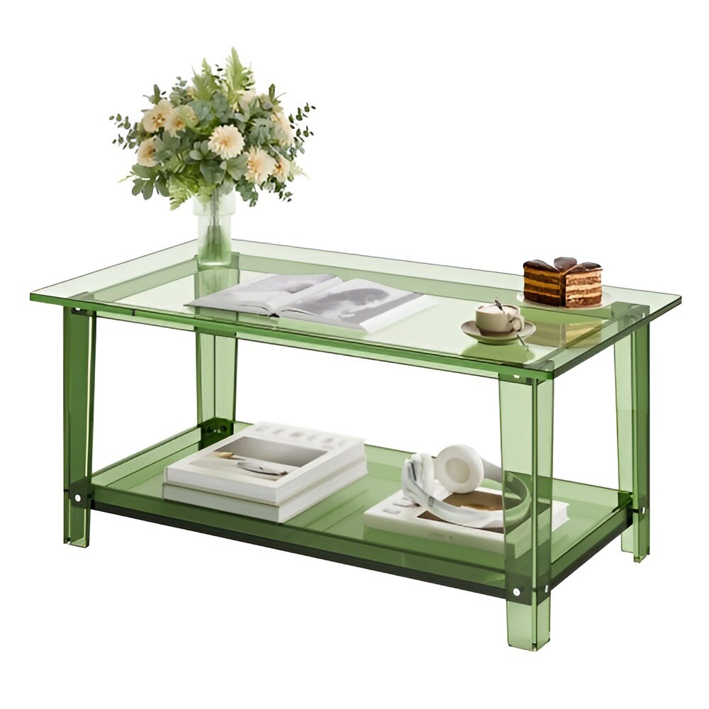 2 Tier Green Acrylic Coffee Table with Storage Shelf Modern Desk