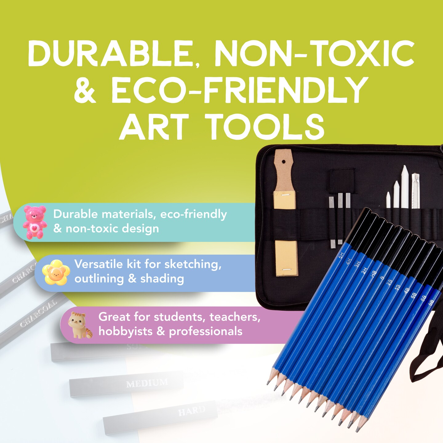 Incraftables Drawing Pencils for Sketching & Shading. Art Sketch Pencils Set for Adults & kids. Drawing Supplies Sketch Kit with 21 Graphite & Charcoal Pencils, Erasers, Sandpaper, Knife & Sharpener