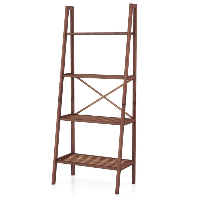Rustic 4-Tier Walnut Wicker Bookshelf with Ladder Style Storage for Home and Office