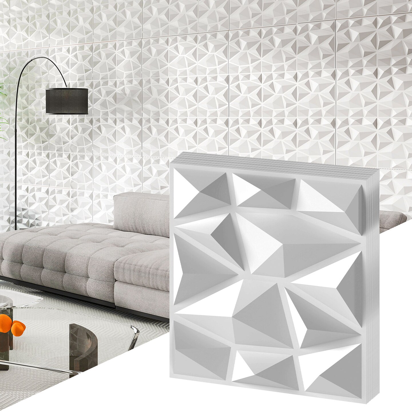 White PVC 3D Wall Panels 12 x 12 Inch Diamond Pattern Tiles 50 Sq Ft Decorative Wall Covering Waterproof