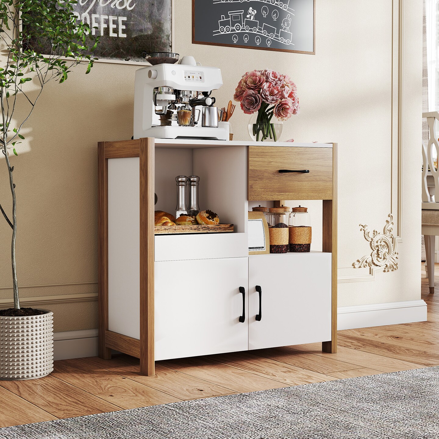 White Engineered Wood Kitchen Sideboard with Drawer, Pull-Out Shelf and Cabinets