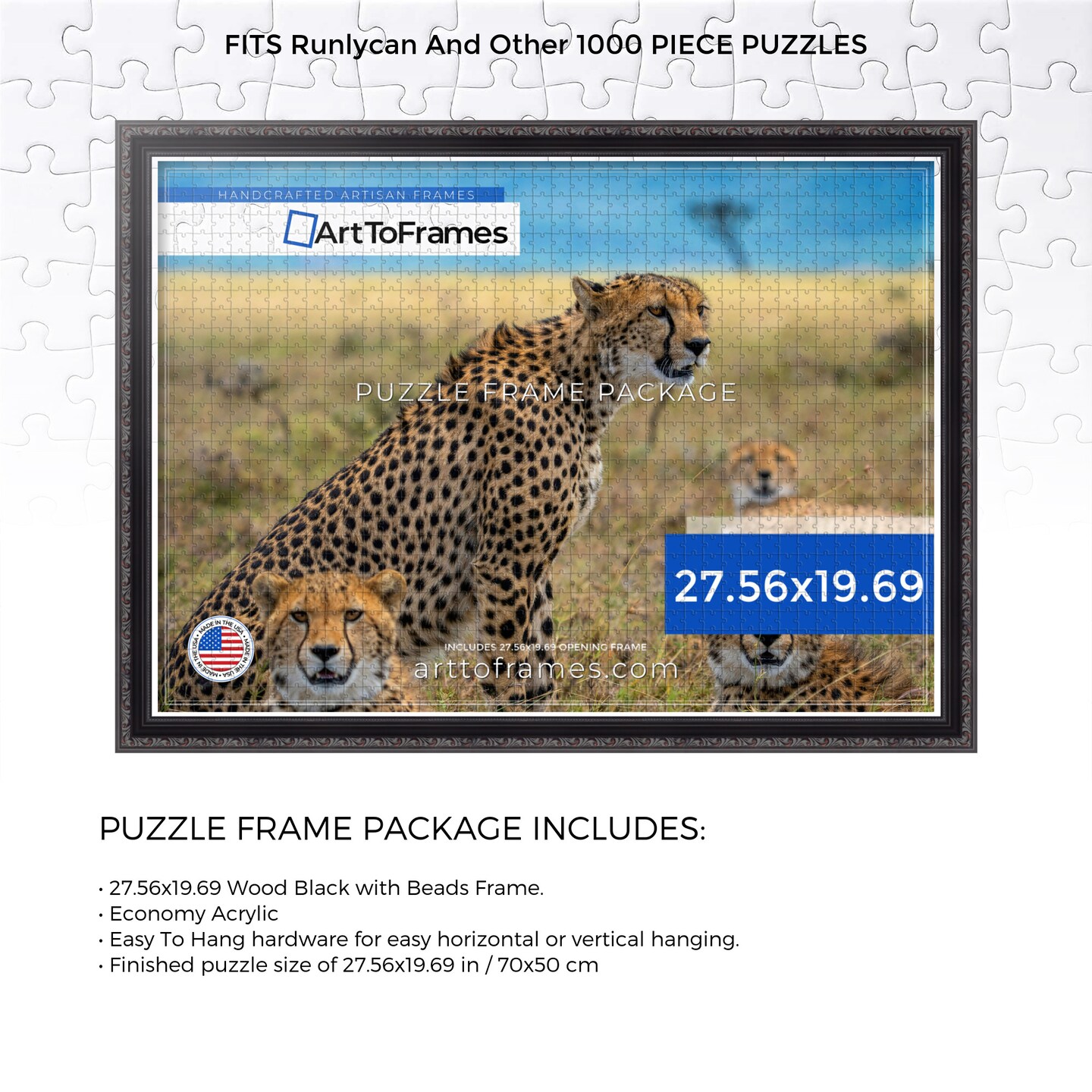 ArtToFrames 27.56x19.69 INCH / 70x50 CM Puzzle Frame for 1000 piece Puzzles.This 1.25 Inch Custom Wood Frame for Puzzles Comes with Economy Acrylic, Available in Multiple Colors