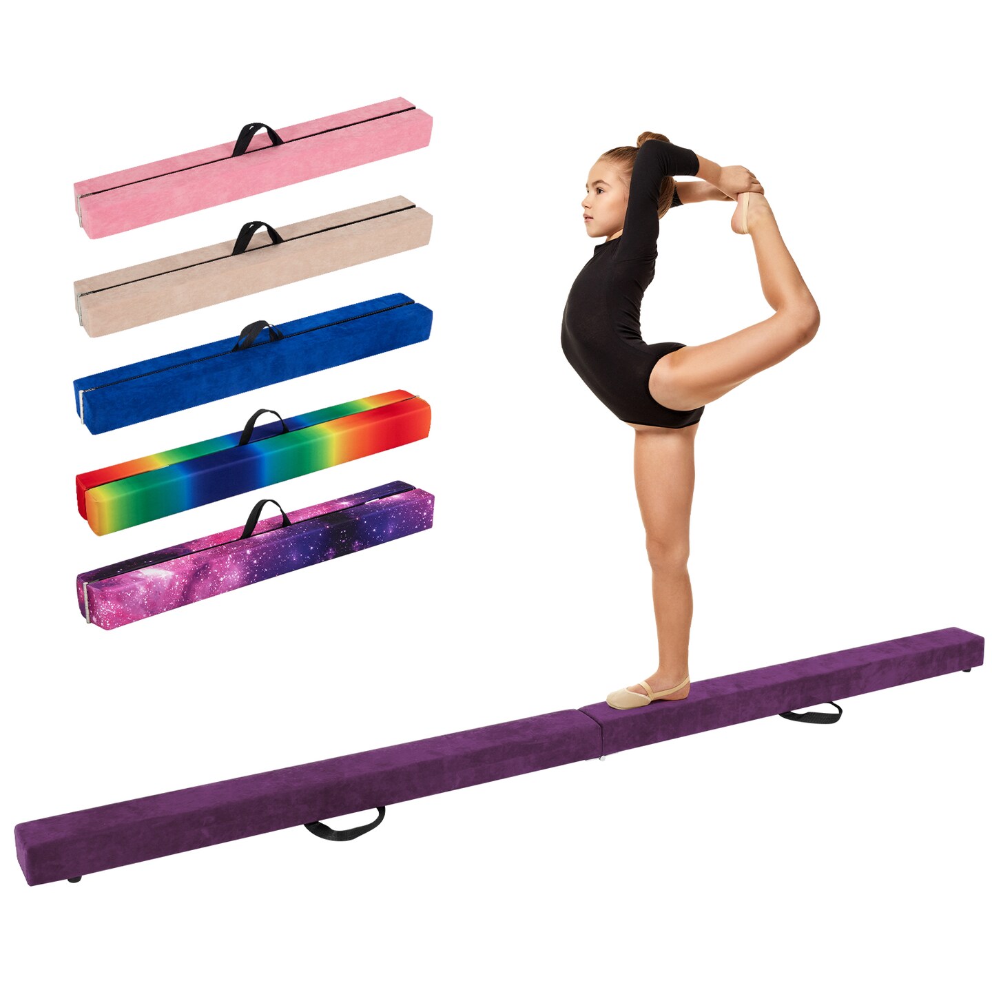Kids’ Folding Balance Beam Gymnastics Training Bar – 9 ft x 4" Padded Suede Surface with Pine Wood Base