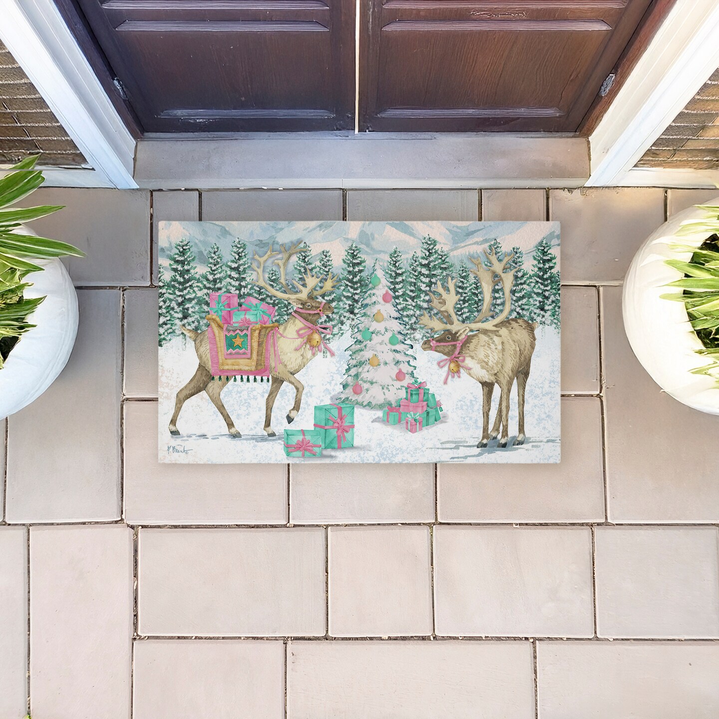 Stupell Industries Whimsy Holiday Reindeer Printed Outdoor Door Mat, design by Paul Brent, 18"x30"