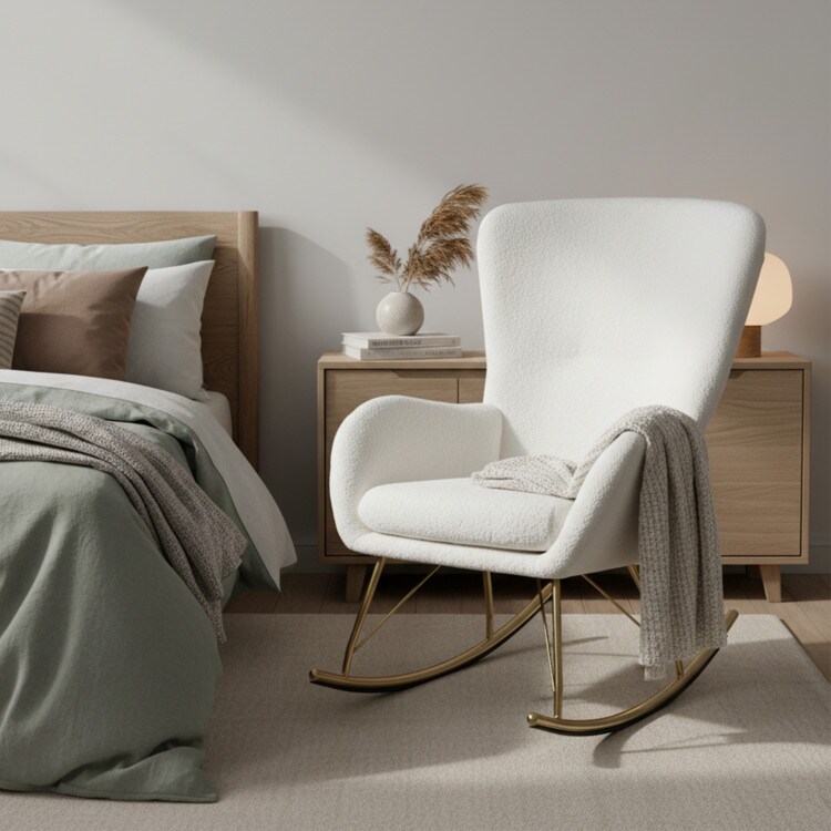 White and Gold Rocking Chair with Teddy Fleece Cushion and Ergonomic Backrest Metal Frame