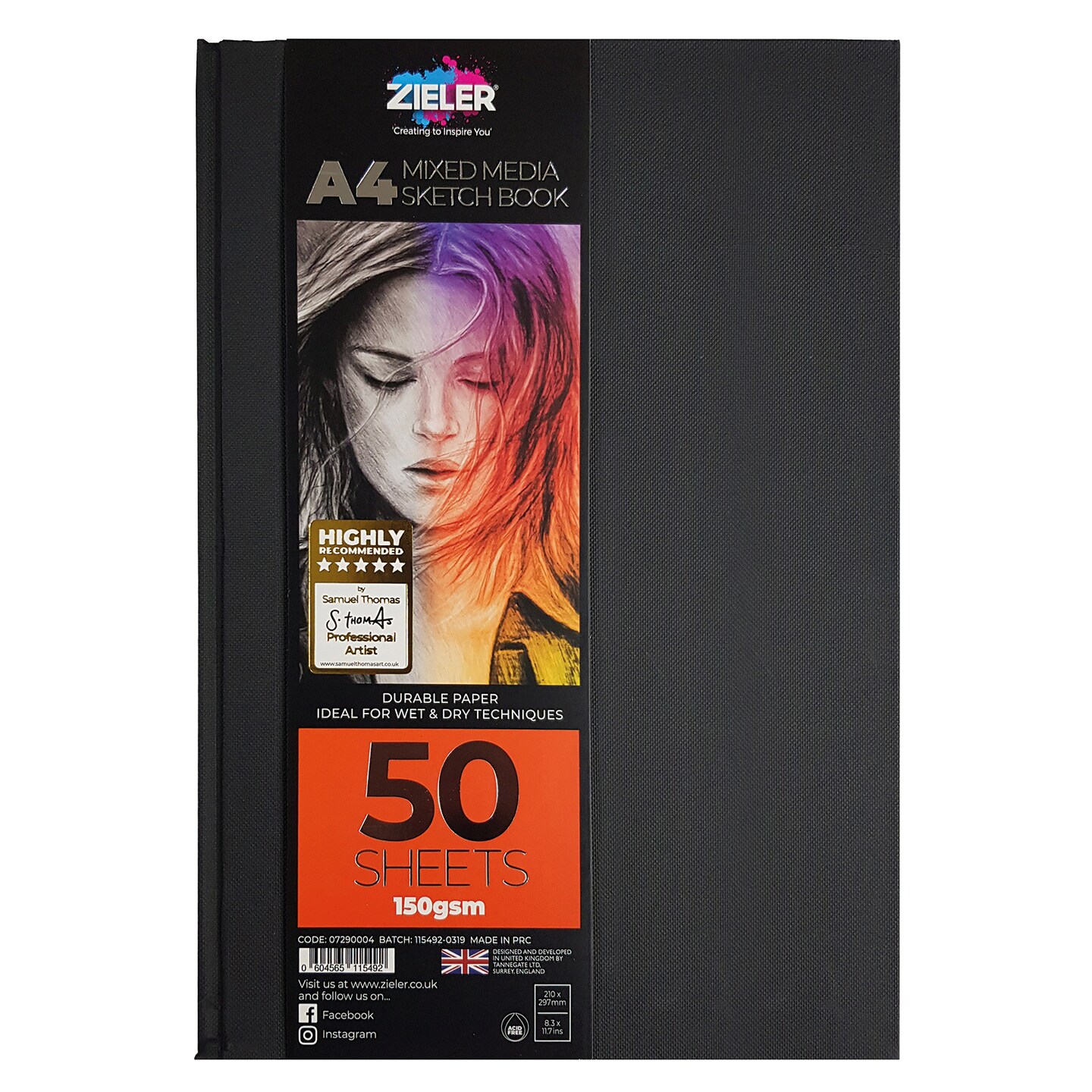 Zieler® A4 Bound Hardback Mixed Media Sketchbook (Portrait), 150gsm, 50 sheets