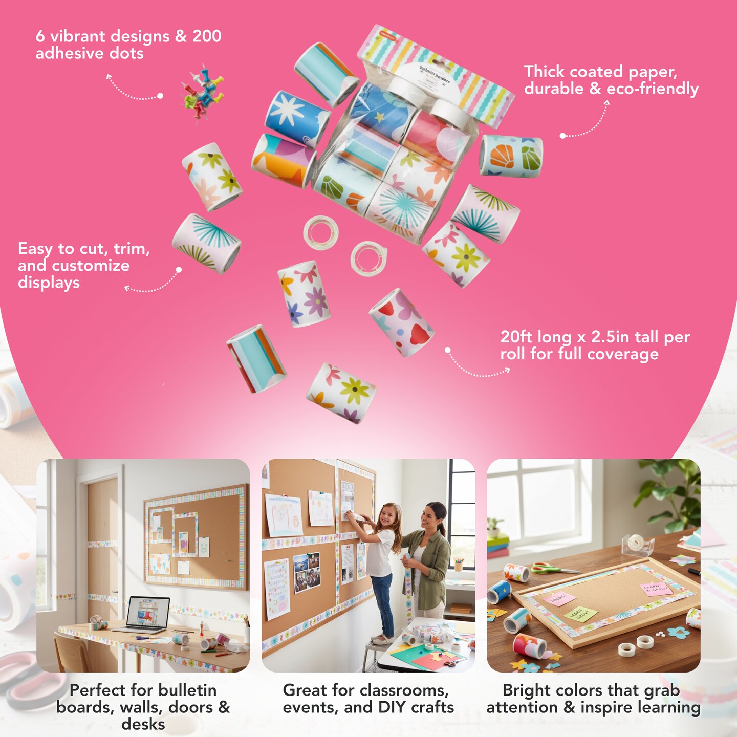 Incraftables Bulletin Board Borders 6 Rolls (120ft). Scalloped Border for Bulletin Board for DIY Decor, Graduation &#x26; Classroom Decorations. Bendy Borders Paper Design for Teachers, Adults &#x26; Kids