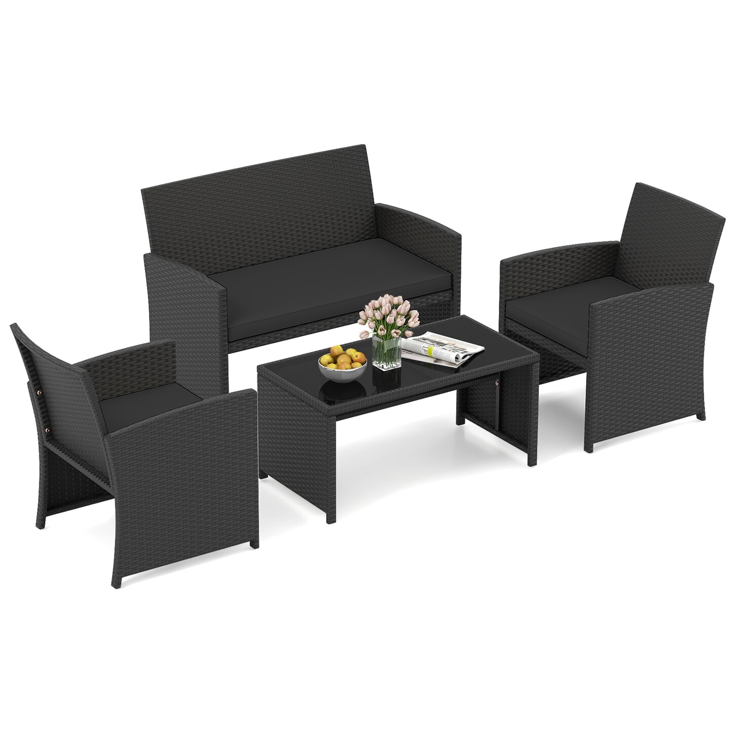 4-Piece Outdoor Wicker Patio Sofa Set with Loveseat Single Chairs Coffee Table Included Cushions