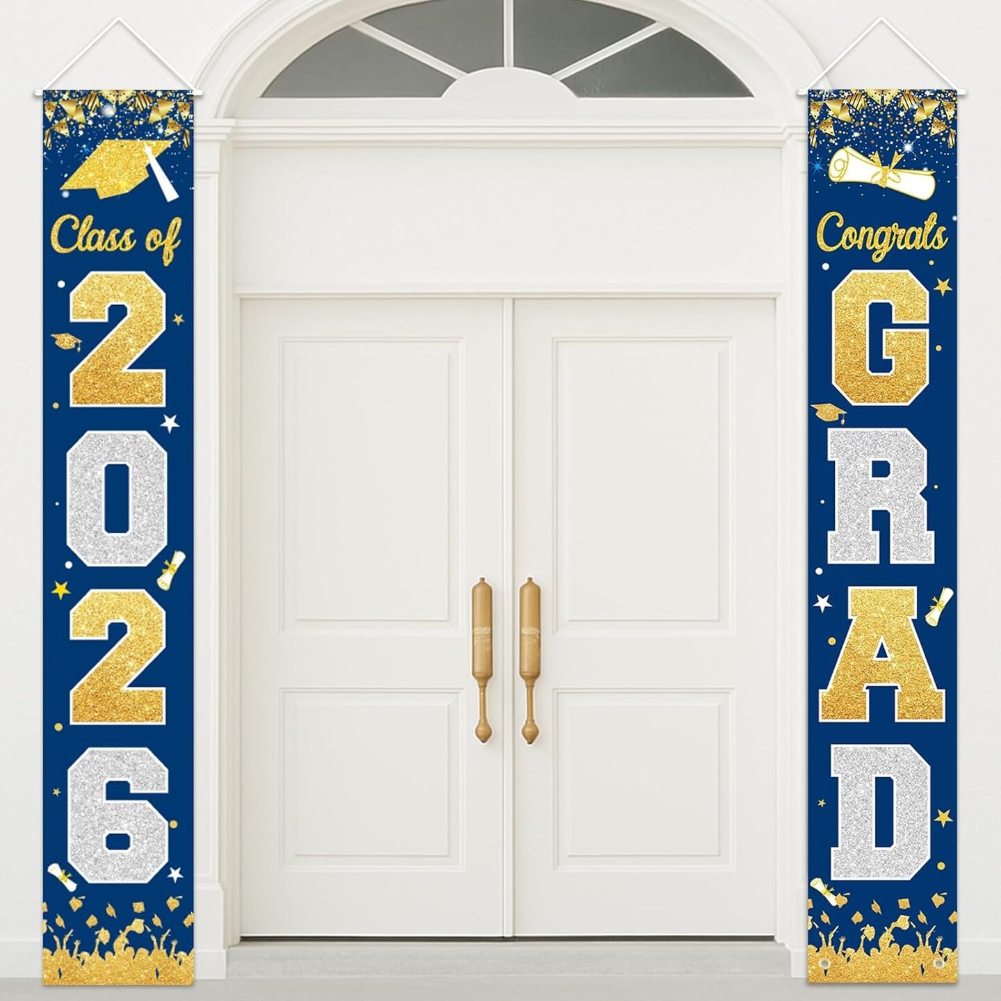 Graduation Party Decoration – Class of 2026 Congrats Grad Door Banner Set, 71 x 12 Inch Vertical Hanging Porch & Doorway Sign, Large Blue Graduation Welcome Banner for Indoor Outdoor Party Decor