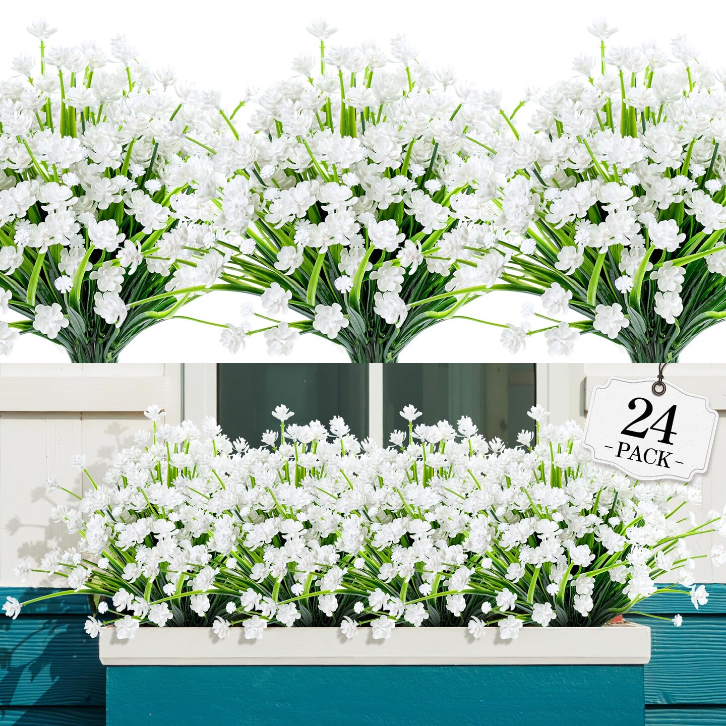 24 Bundles Artificial Flowers for Outdoor,No Fade Fake Plastic Flowers Faux Plants for Decoration Hanging Planters Indoor Outside Garden Porch Window Box Home Wedding Farmhouse