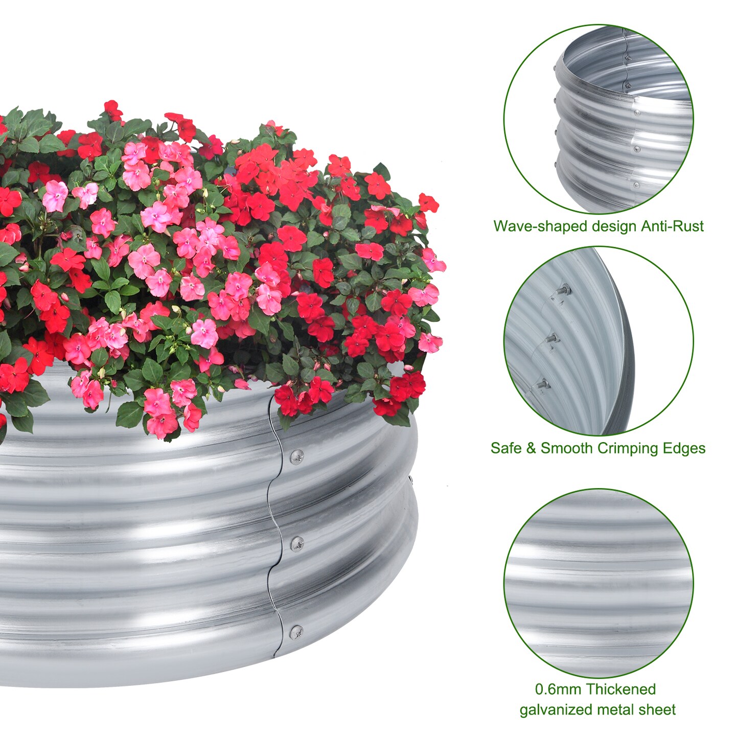 3 Pack Round Galvanized Raised Garden Beds, 24" x 12" Metal Planter Boxes for Flowers, Herbs & Vegetables