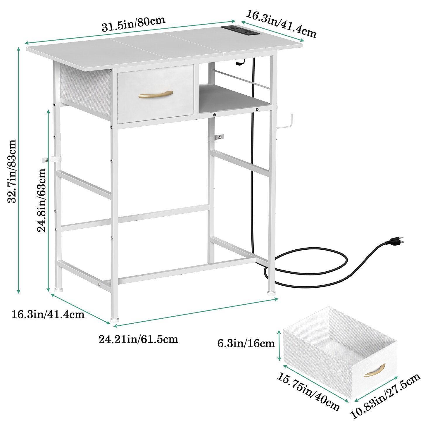White Vanity Desk with Charging Station, Makeup Table with Drawer, Open Shelf, and Hair Dryer Hook