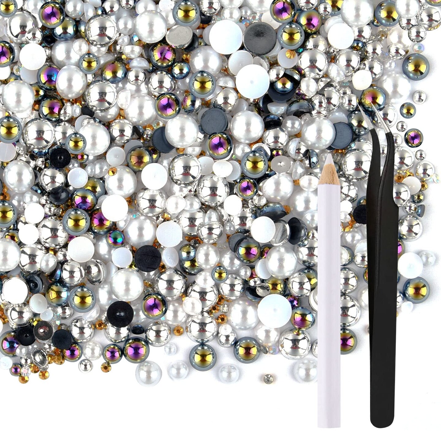 50g Mix Flatback Rhinestones Half Pearls for Crafts Mixed Size 3mm-10mm Flat Back Rhinestones for Crafts Flatback Pearls for DIY Tumblers Mugs Nail Art Shoes Clothes (Black White Series)