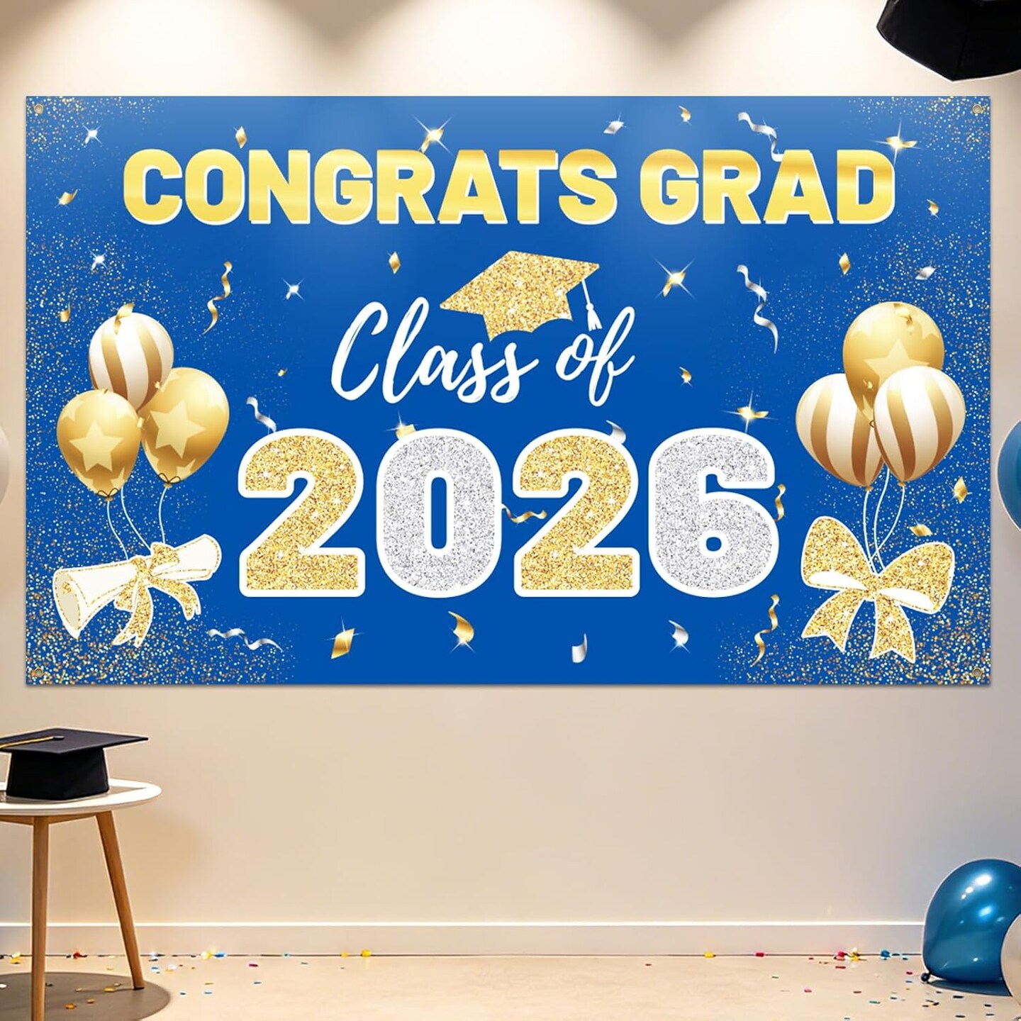 Graduation Party Decoration – 2026 Blue & Gold Congrats Grad Polyester Backdrop Banner, Large Class of 2026 Photography Background Wall Decor for Graduation Party