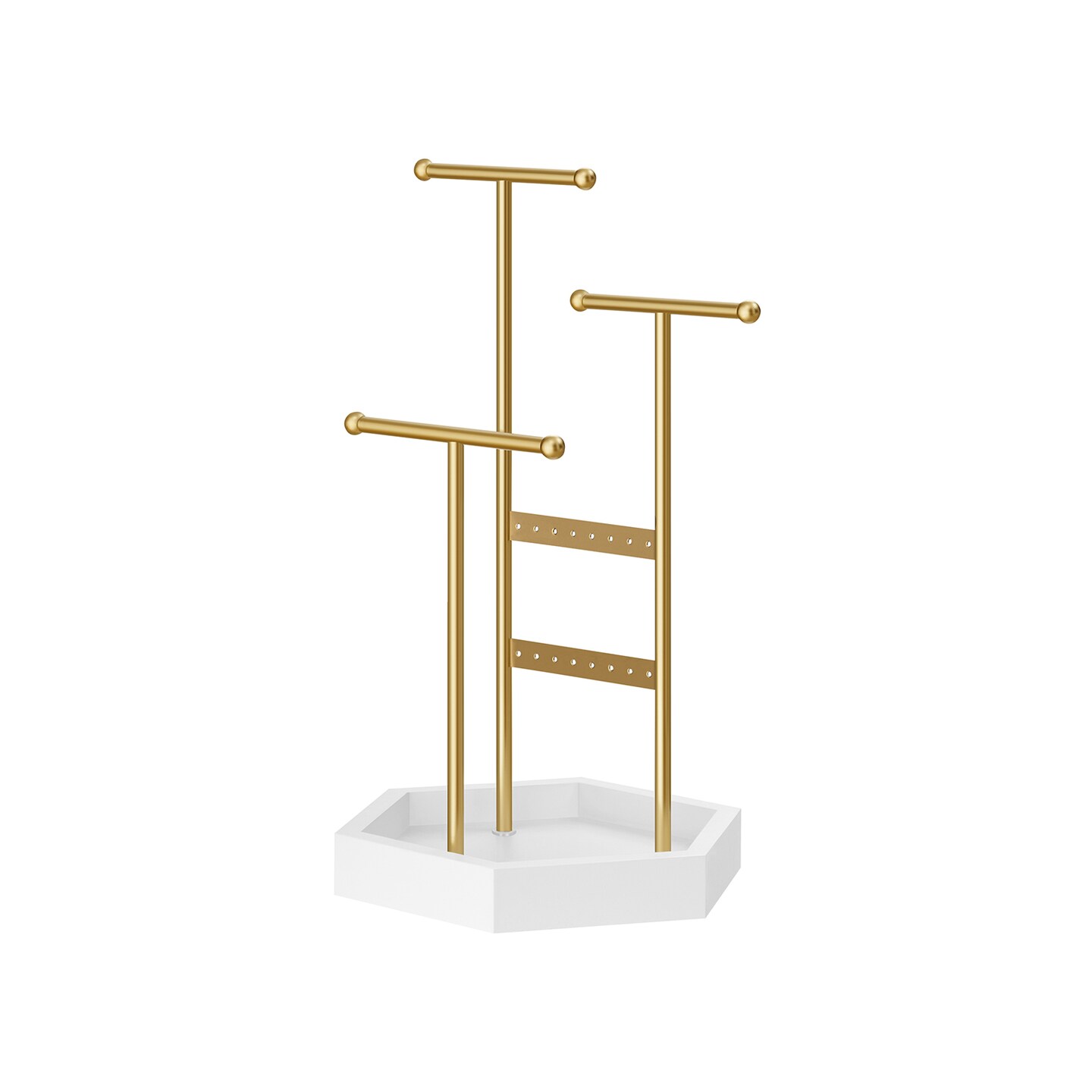 Modern Jewelry Stand Organizer 3 T Bars 16 Holes Earring Holder with Tray Necklace Bracelet Display