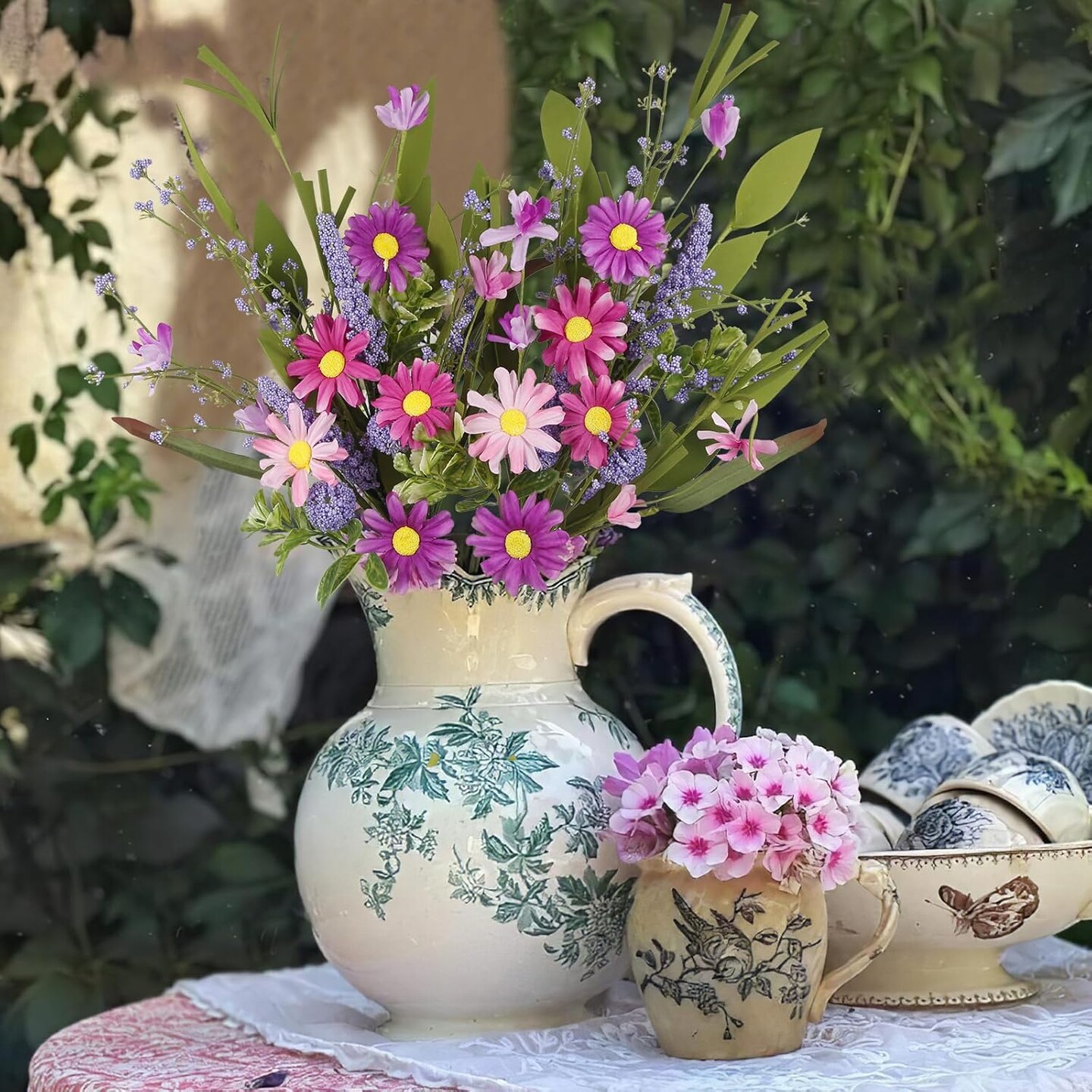 2 Pcs Purple Artificial Daisy & Wildflower Bouquet with Lavender – Silk Faux Floral Arrangement for Spring & Summer Decor, Weddings & Table Centerpieces