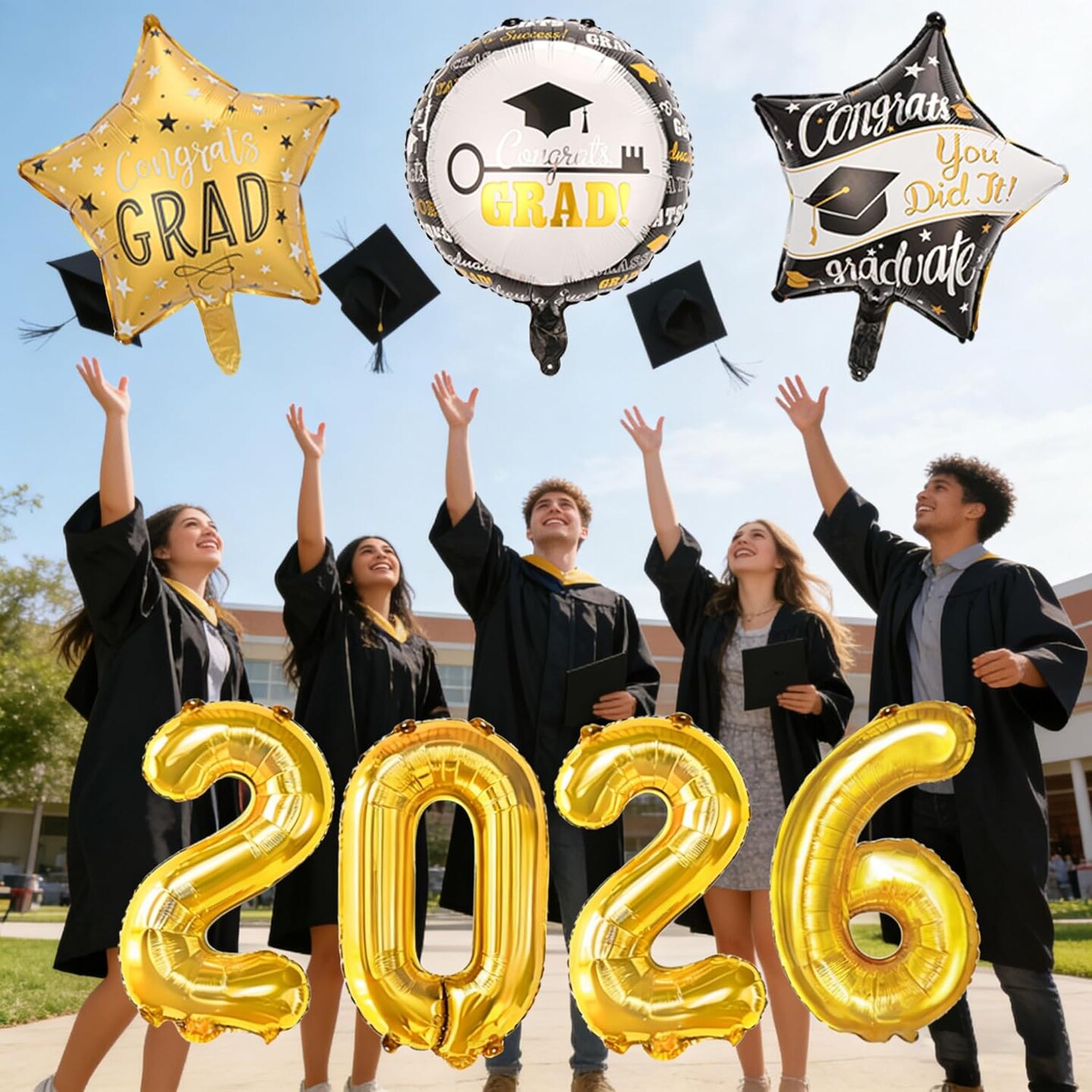 Graduation Party Balloons 2026 – Gold “2026” Number Balloons & Congrats GRAD Foil Balloon Set for Class of 2026 Decorations