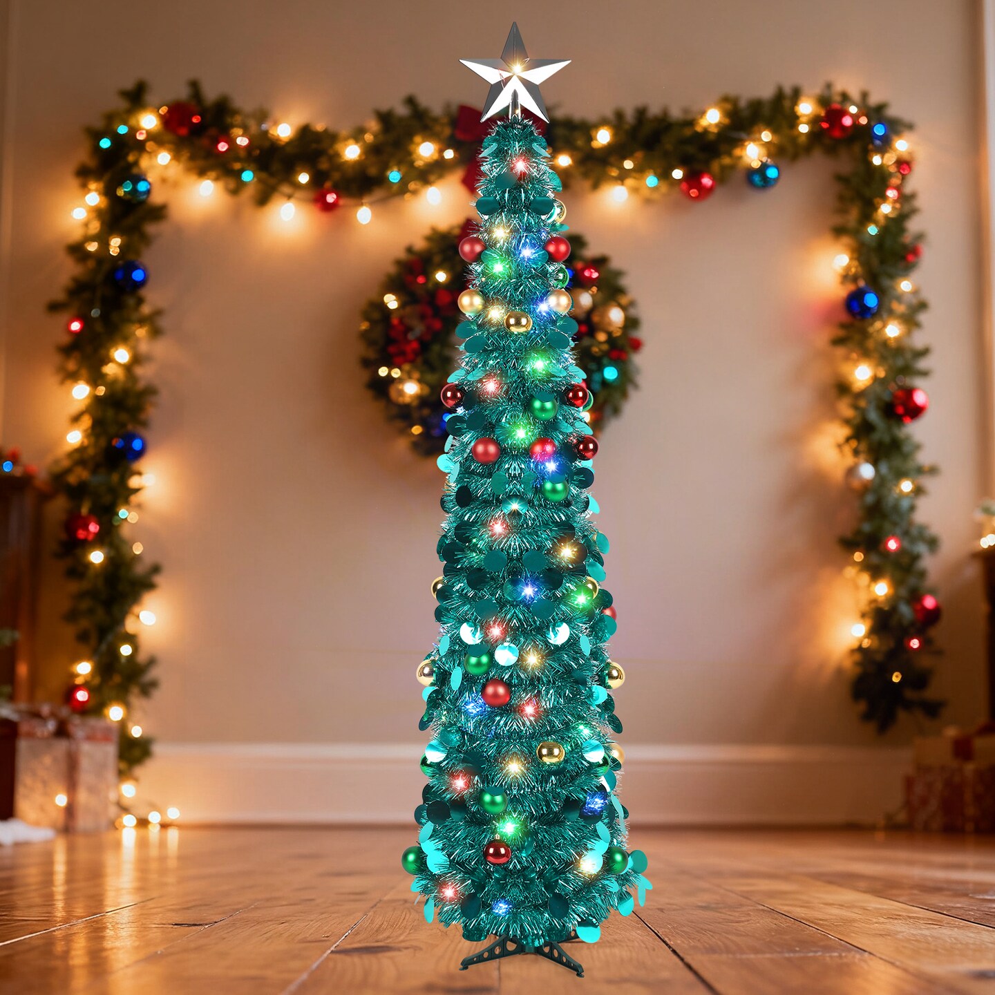 Pre-Lit Teal Tinsel Pencil Christmas Tree, Slim Artificial Tree with Ornaments & Top Star
