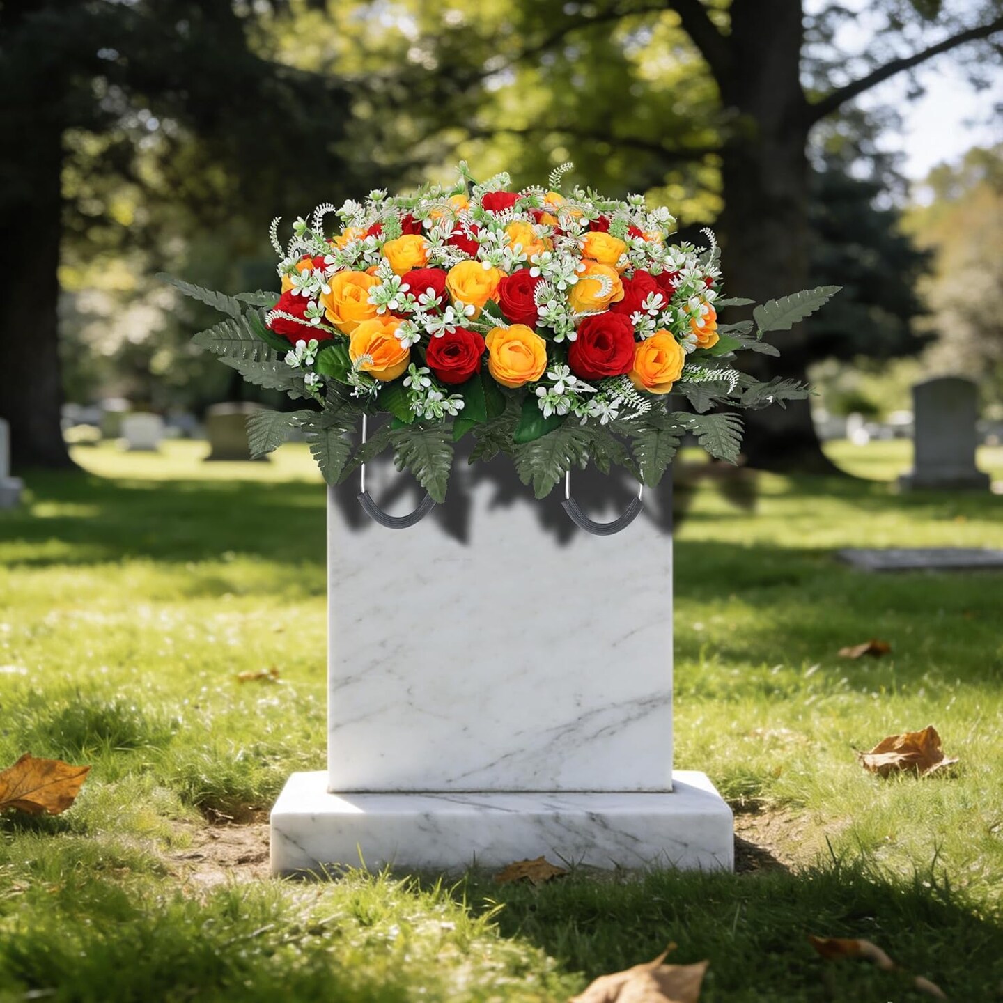 Artificial Cemetery Flower Saddles for Graves – 10 Pcs Silk Fern & 40 Realistic Rose Blossoms with Metal Headstone Holder –Resistant Memorial Flowers for Tombstone Decor (Red Yellow)