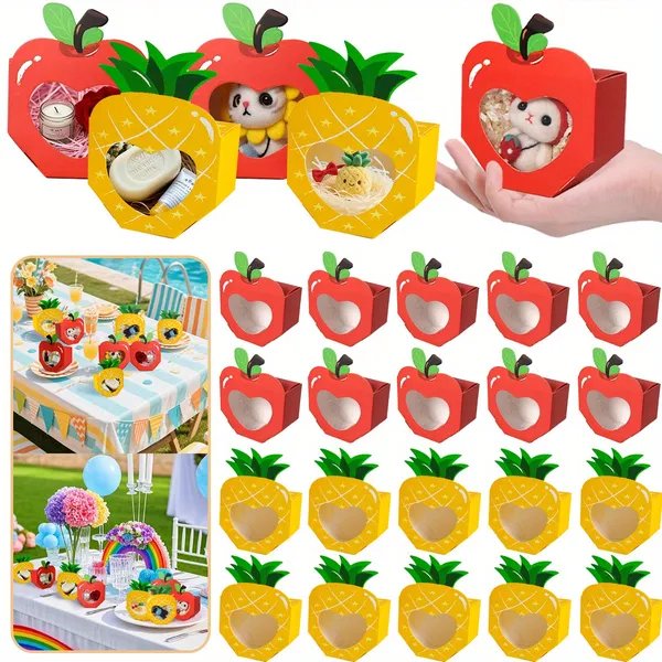 20 PCS Fruit Shaped 3D Treat Boxes – Apple & Pineapple Clear Window Favor Boxes for Summer Parties, Birthdays & School Events