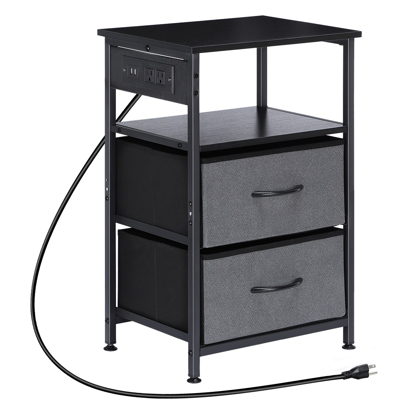 Nightstand with Charging Station, 24.6" Bedside Table with Fabric Drawers & USB Ports