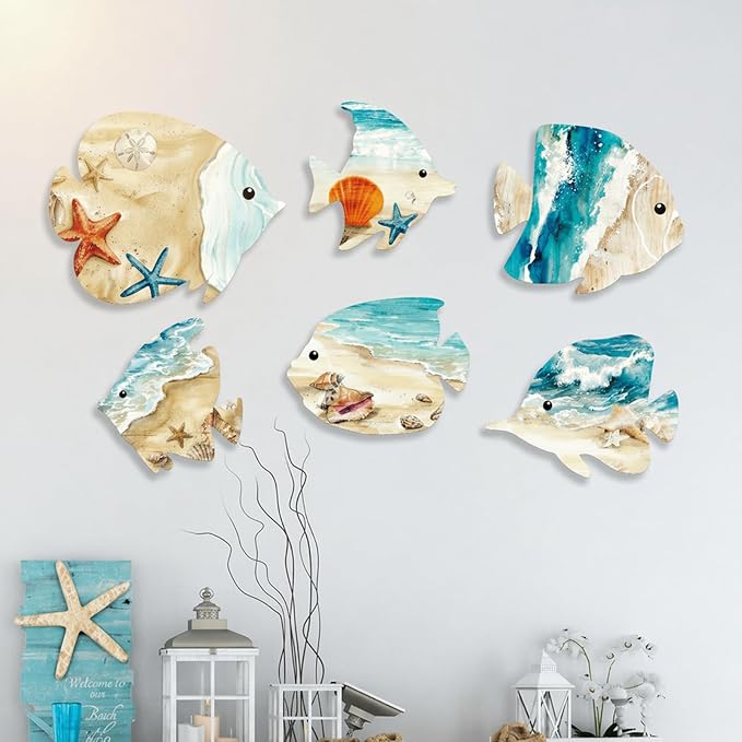 6-Piece Wooden Fish Wall Decor - Vintage Coastal Art Set - Handcrafted Beach Theme Ornaments with Hooks for Lake House, Bathroom, Pool Area, & Garden - Indoor/Outdoor Rustic Wall Art