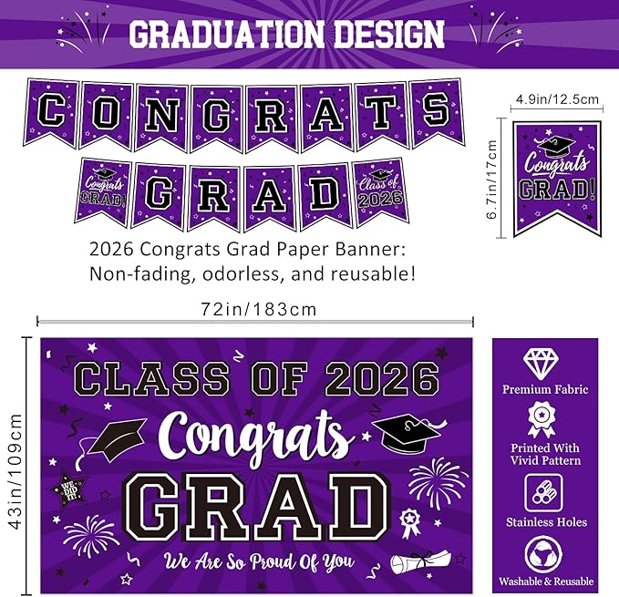 Class of 2026 Graduation Decorations - Purple & Black Congrats Grad Party Kit: Fabric Backdrop, Porch Signs, 2026 Foil Balloons & Hanging Swirls - Complete High School & College Set