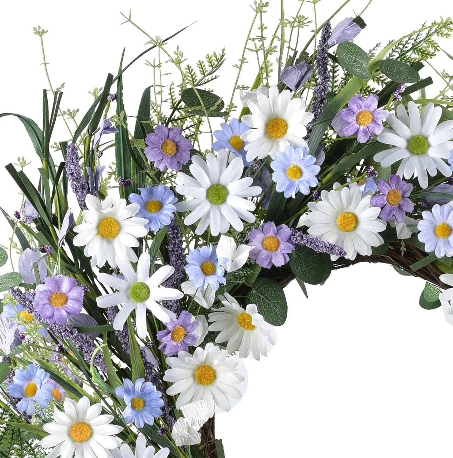 24 Inch Purple Daisy Flower Wreath for Front Door, Artificial Spring Summer Wreath with Lavender & Green Eucalyptus Leaves, Large Floral Farmhouse Decor for Wall, Window, Wedding & Indoor Displays
