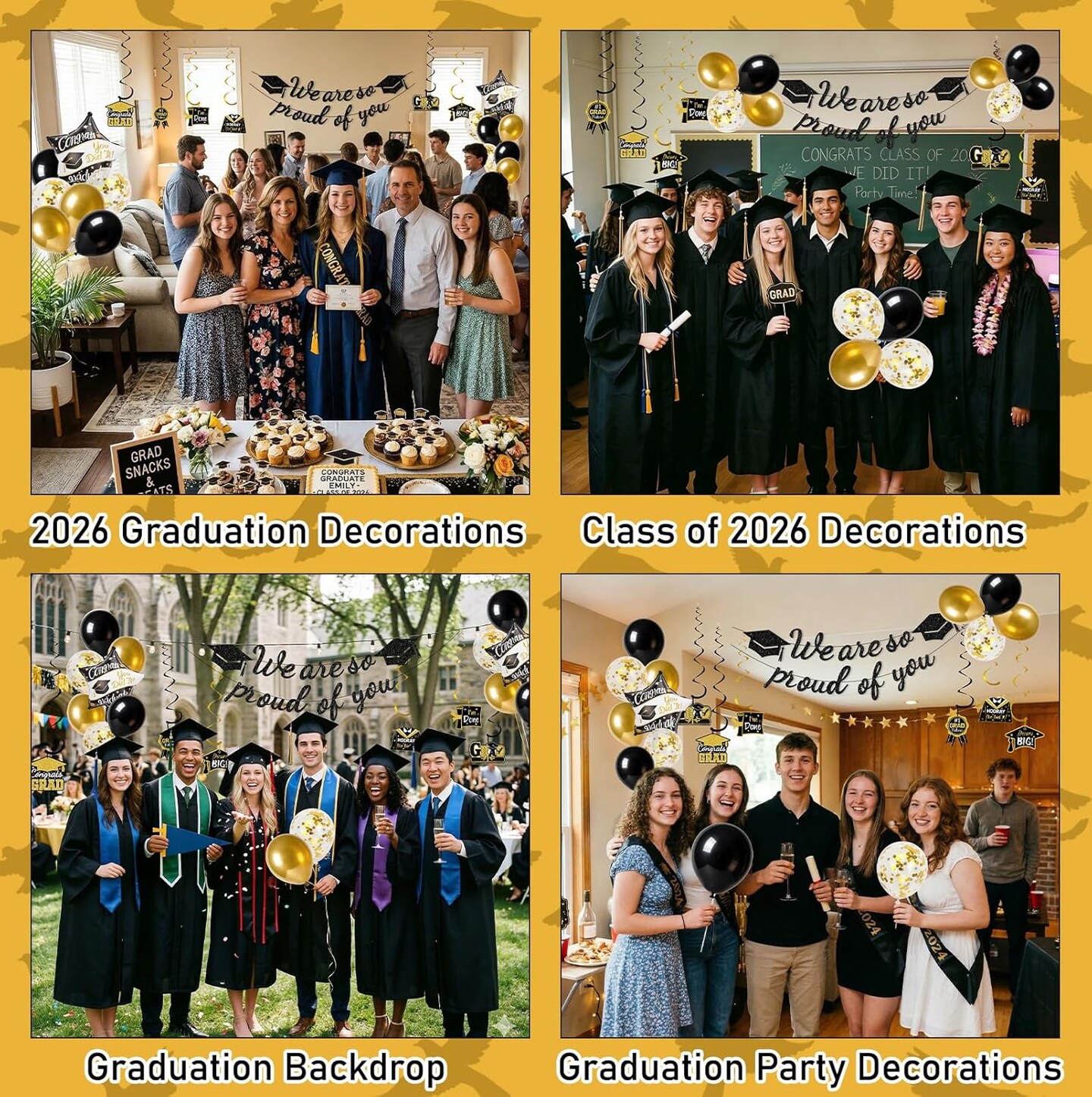 Graduation Party Decoration – Black & Gold Class of 2026 Complete Graduation Decor Kit with Banner, Balloons, Hanging Swirls & “We Are So Proud of You” Sign for Party Setup