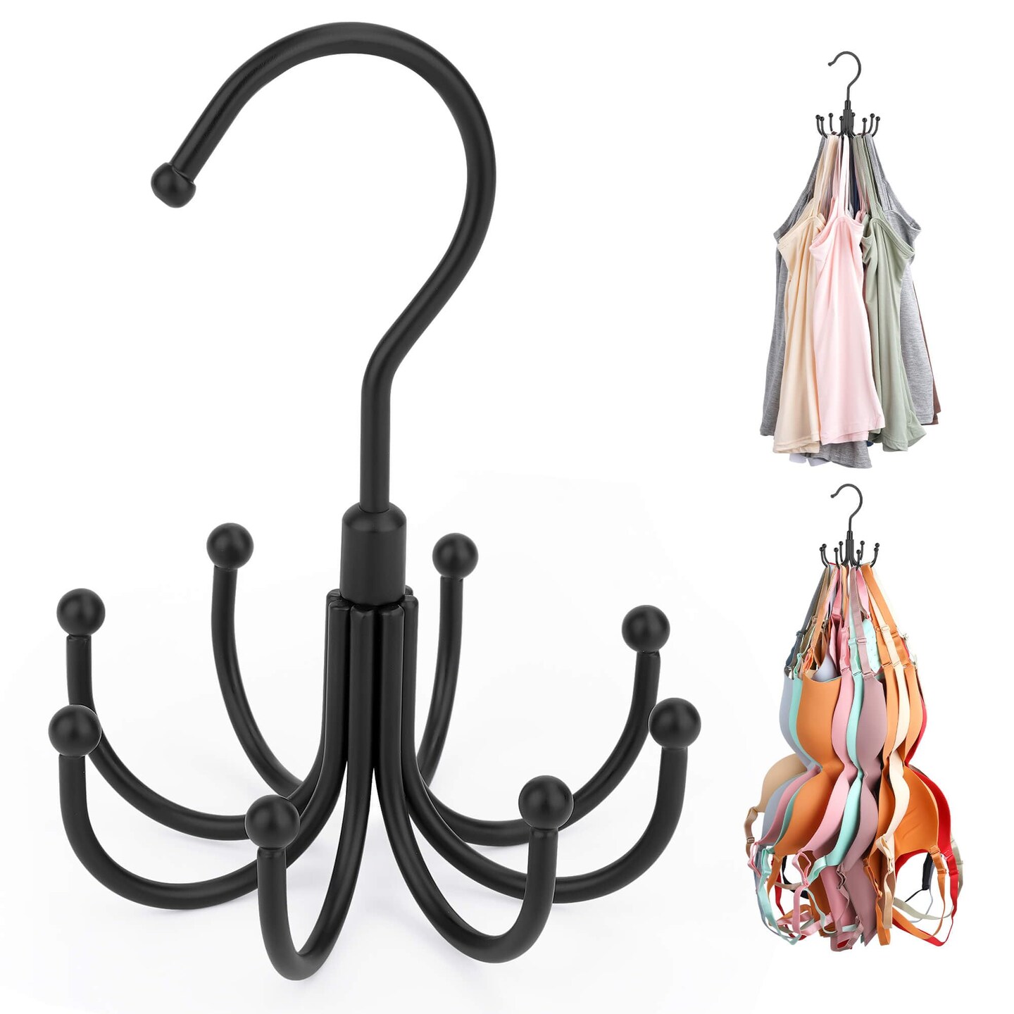 Tank Top Hanger, Rotatable Bra Organzier for Closet, Max 24 Storage Capacity Sport Bras Holder, Metal Space Saving Closet Organizers and Storage, Black