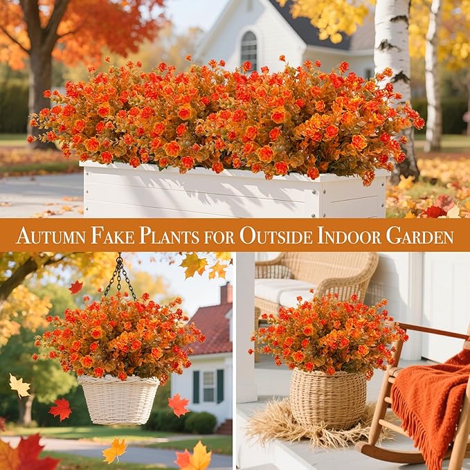 20 Bundles Artificial Fall Flowers for Outdoors Fall Thanksgiving Decorations-UV Resistant Fake Mums Faux Plant Plastic Flowers Gardens Porch Fireplace Home Autumn Decor(Brown Eucalyptus Flower)