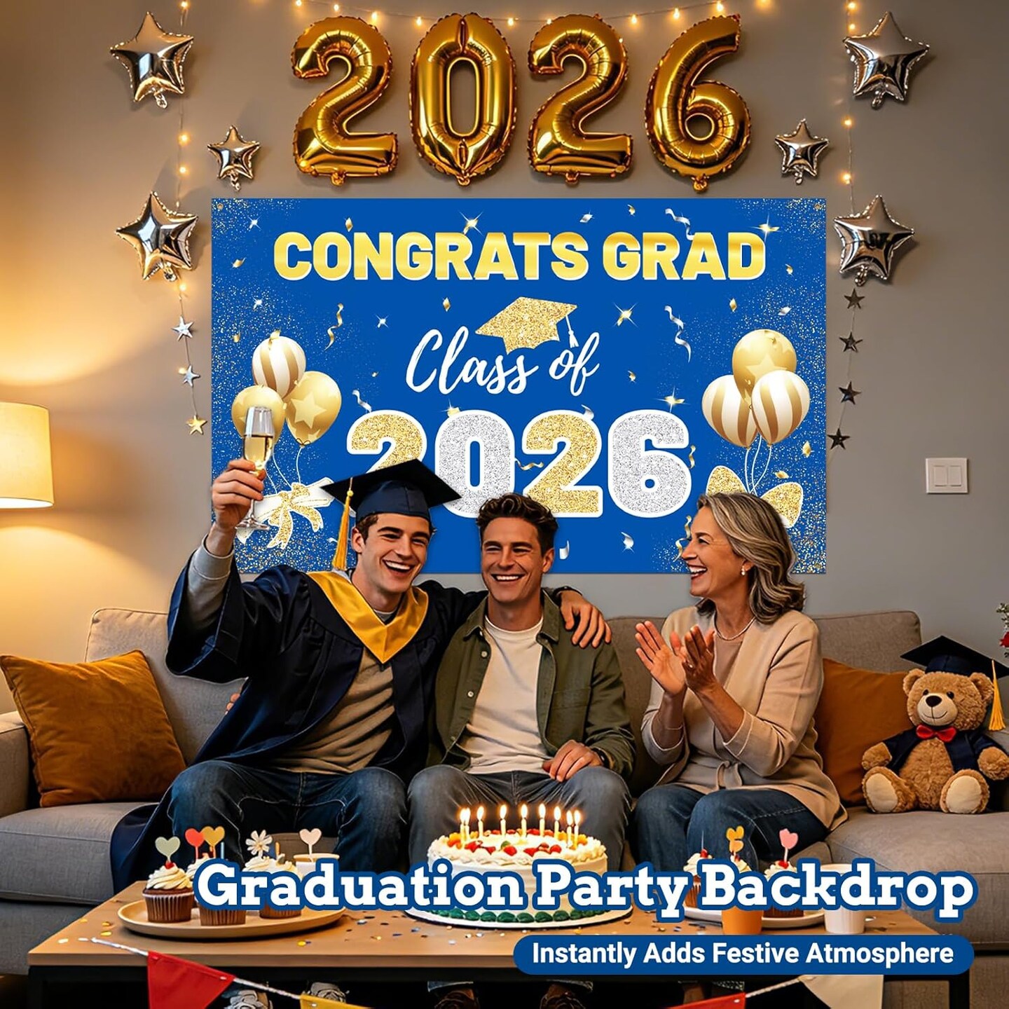Graduation Party Decoration – 2026 Blue & Gold Congrats Grad Polyester Backdrop Banner, Large Class of 2026 Photography Background Wall Decor for Graduation Party