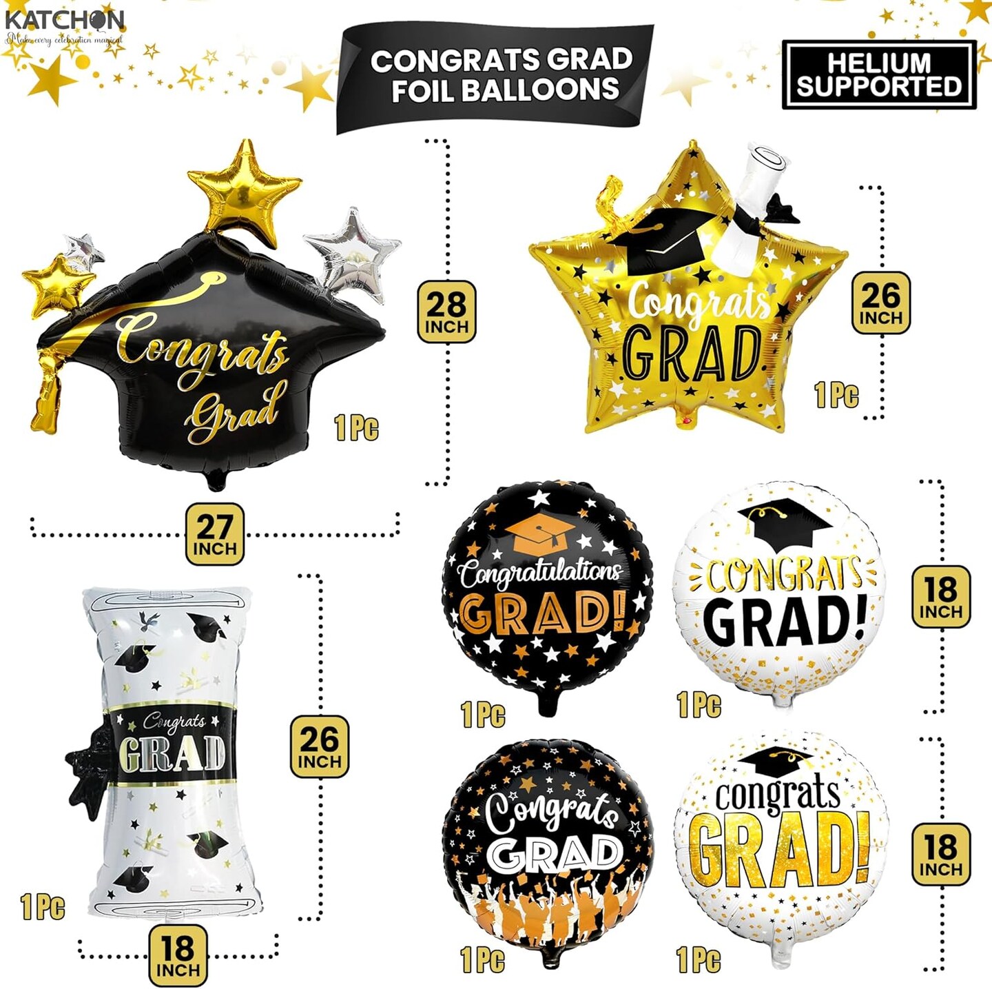 Graduation Party Balloons – Class of 2026 Pack of 11 Black & Gold Balloon Set with 28” Grad Cap, 2026 Number Balloons, Certificate & Star Foil Balloons for Graduation Decorations