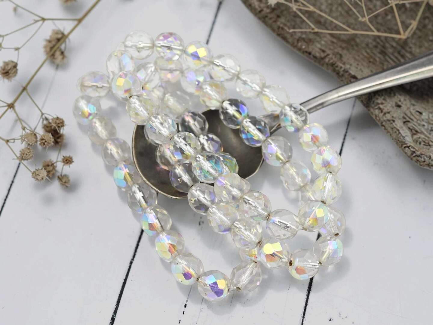 *20* 8mm Silver Rainbow AB Washed Crystal Fire Polished Round Beads