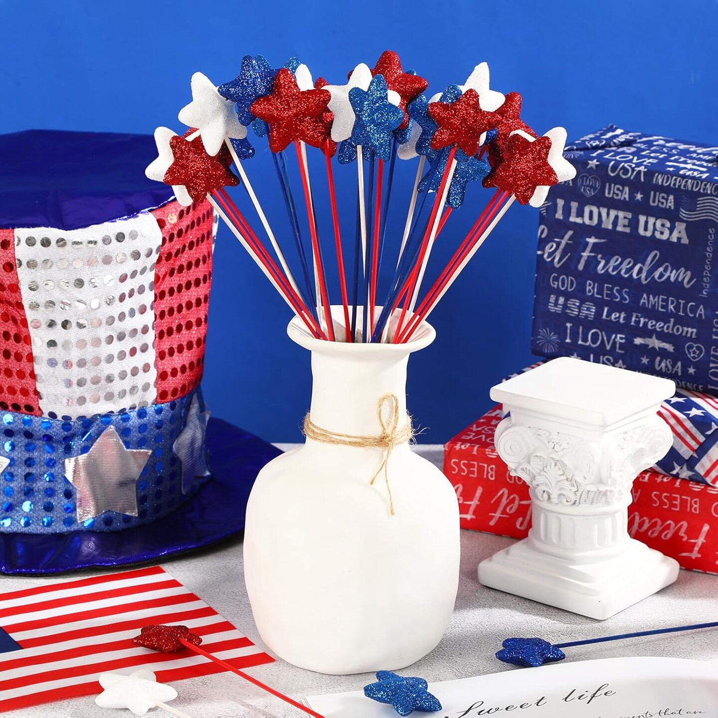 4th of July Glitter Star Picks Decorations, 108 Pcs Red White Blue Foam Star Stems for Patriotic Wreaths, Table Centerpieces & DIY Party Décor