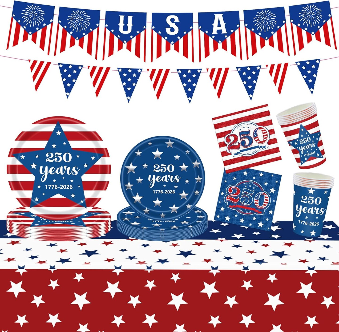 4th of July 250th Anniversary Patriotic Party Kit for 24 Guests – American Flag Disposable Tableware Set with Plates, Cups, Napkins, Tablecloth & Banners for Independence Day & Memorial Day