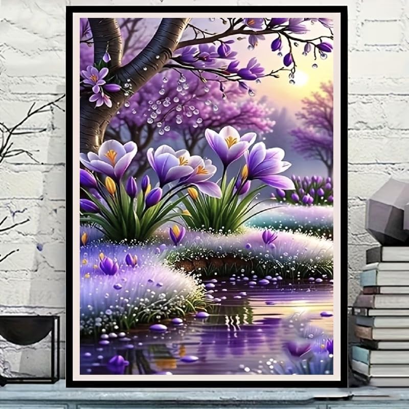 Purple Spring Flower 5D Diamond Art Kit – 12x16” Full Round Drill DIY Landscape Painting – High-Definition Waterproof Gem Art for Adults & Beginners – Shimmering Floral Rhinestone Wall Decor