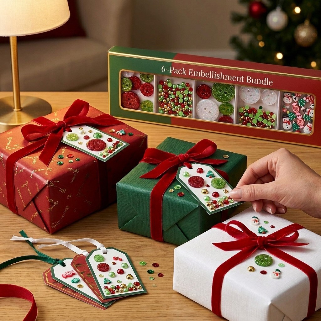 Christmas Craft Embellishment Bundle – 6-Pack Holiday Buttons, Beads & Sequins