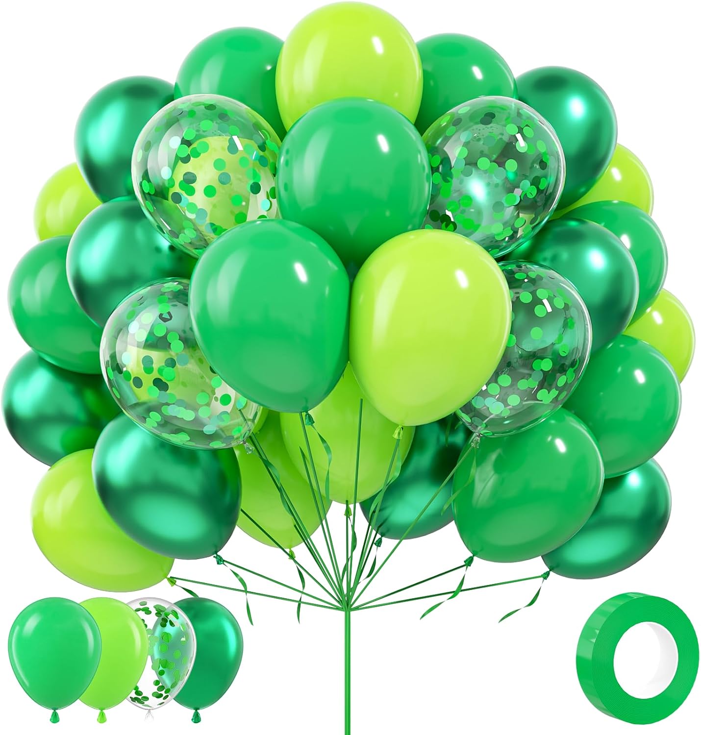 80pcs Green Balloon Set – 12 Inch Lime Green, Chrome Metallic & Confetti Latex Balloons for Jungle Safari, Forest Theme Birthday, Baby Shower & Party Decorations