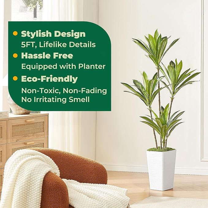 5FT Artificial Dracaena Tree with White Taper Planter & Green Moss - Real-Touch Faux Yucca Indoor Floor Plant for Home, Office & Commercial Decor