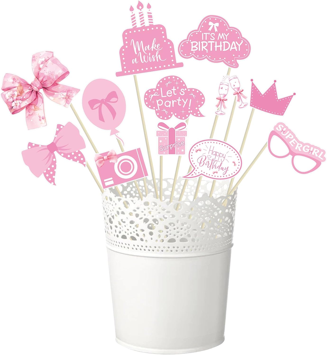 25PCS Pink Bow Photo Booth Props Kit – Coquette Birthday Party Decorations with Selfie Signs & Sticks for Women’s Birthday Celebration