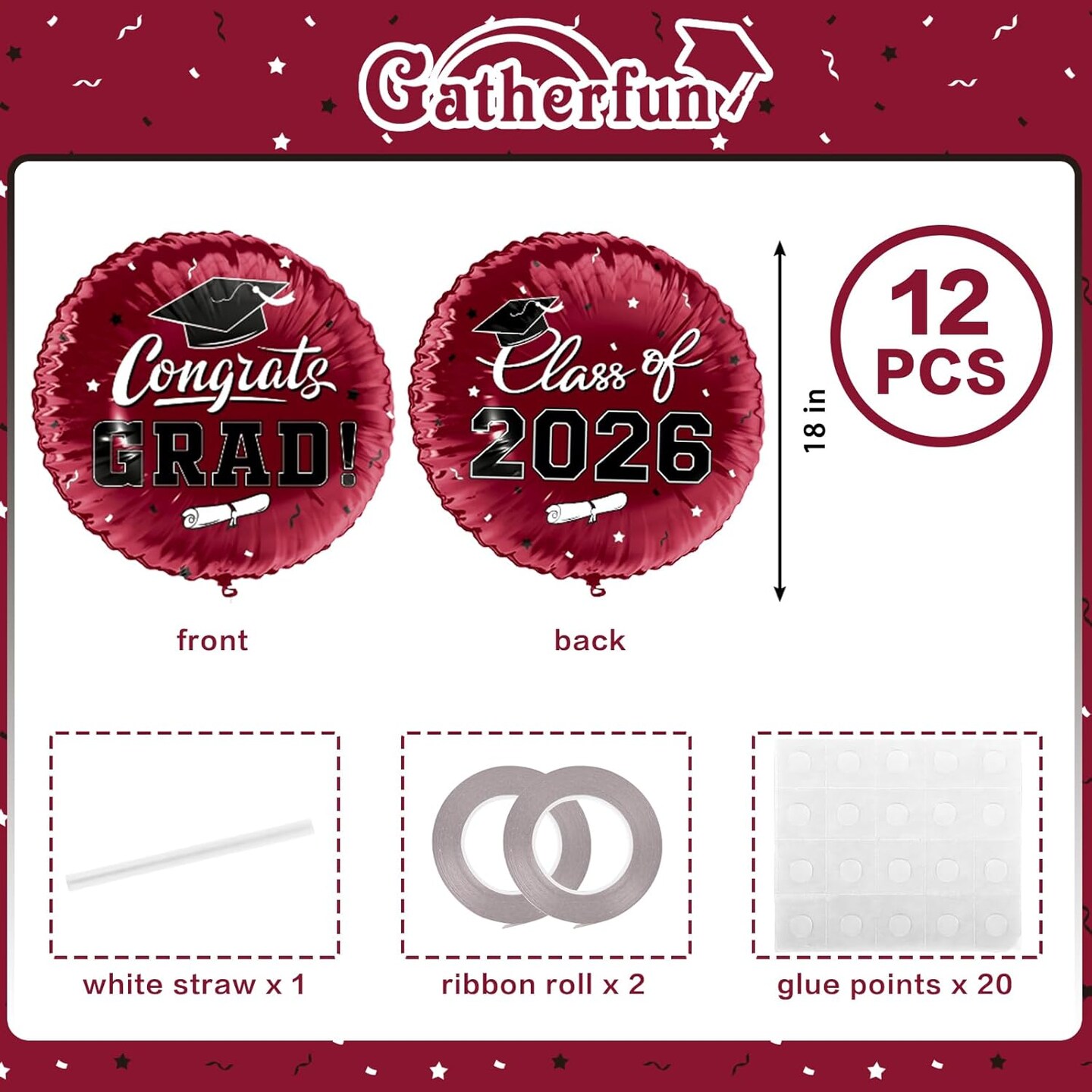 Graduation Party Balloons – Class of 2026 12-Piece 18” Maroon “Congrats Grad” Foil Balloon Set with Double-Sided Design for Graduation Decorations & Celebration Supplies
