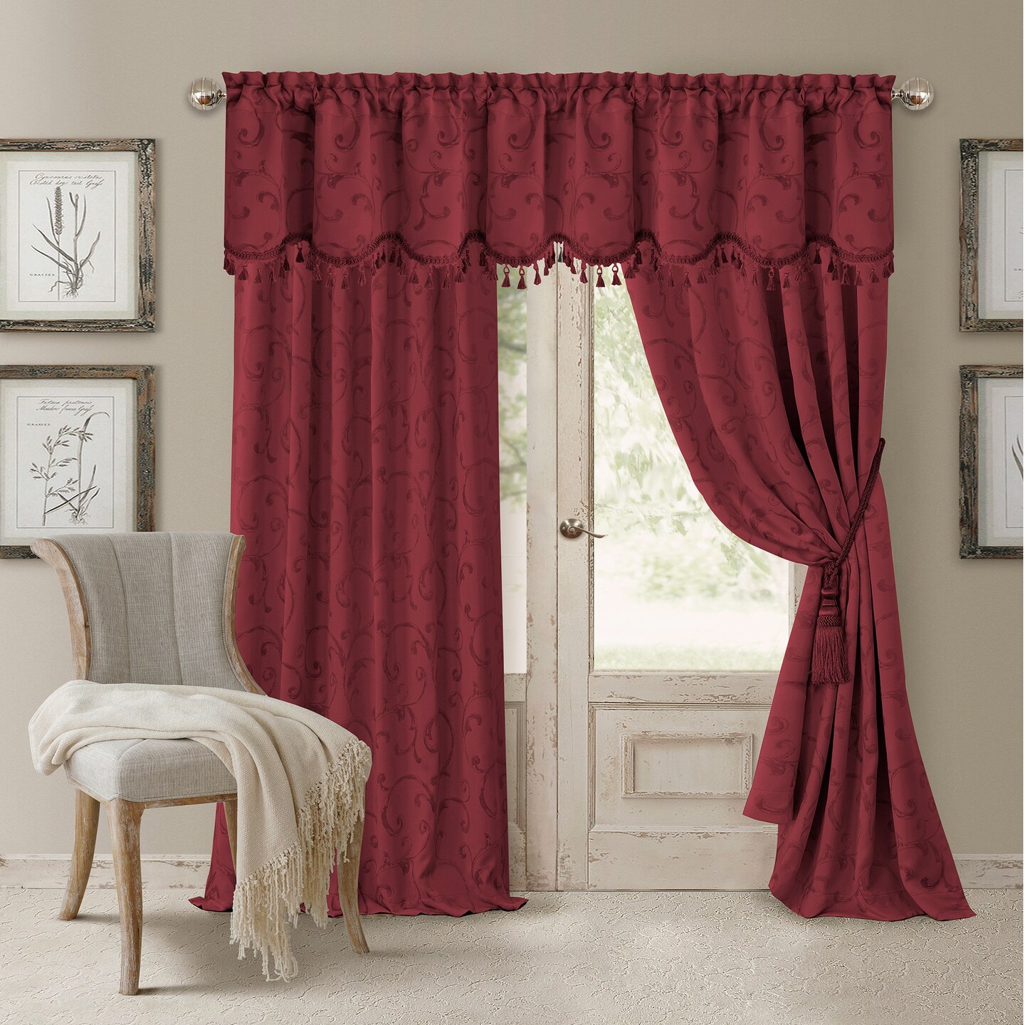 Threadmade Home Mia Jacquard Scroll Blackout Window Curtain, Rouge - 52"W x 95"L